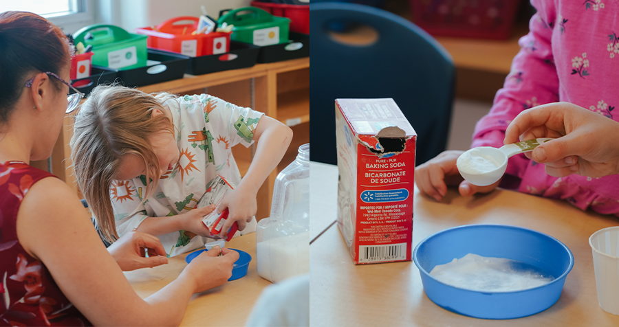 An educator in a YMCA child care classroom helps two children pour baking soda into a small blue bowl to create bath bombs.