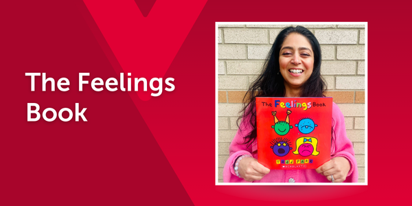 An educator holds The Feelings Book by Todd Parr, showing its bright, bold cover. The image is overlaid on a red background with a faint Y M C A logo and the book title in text.