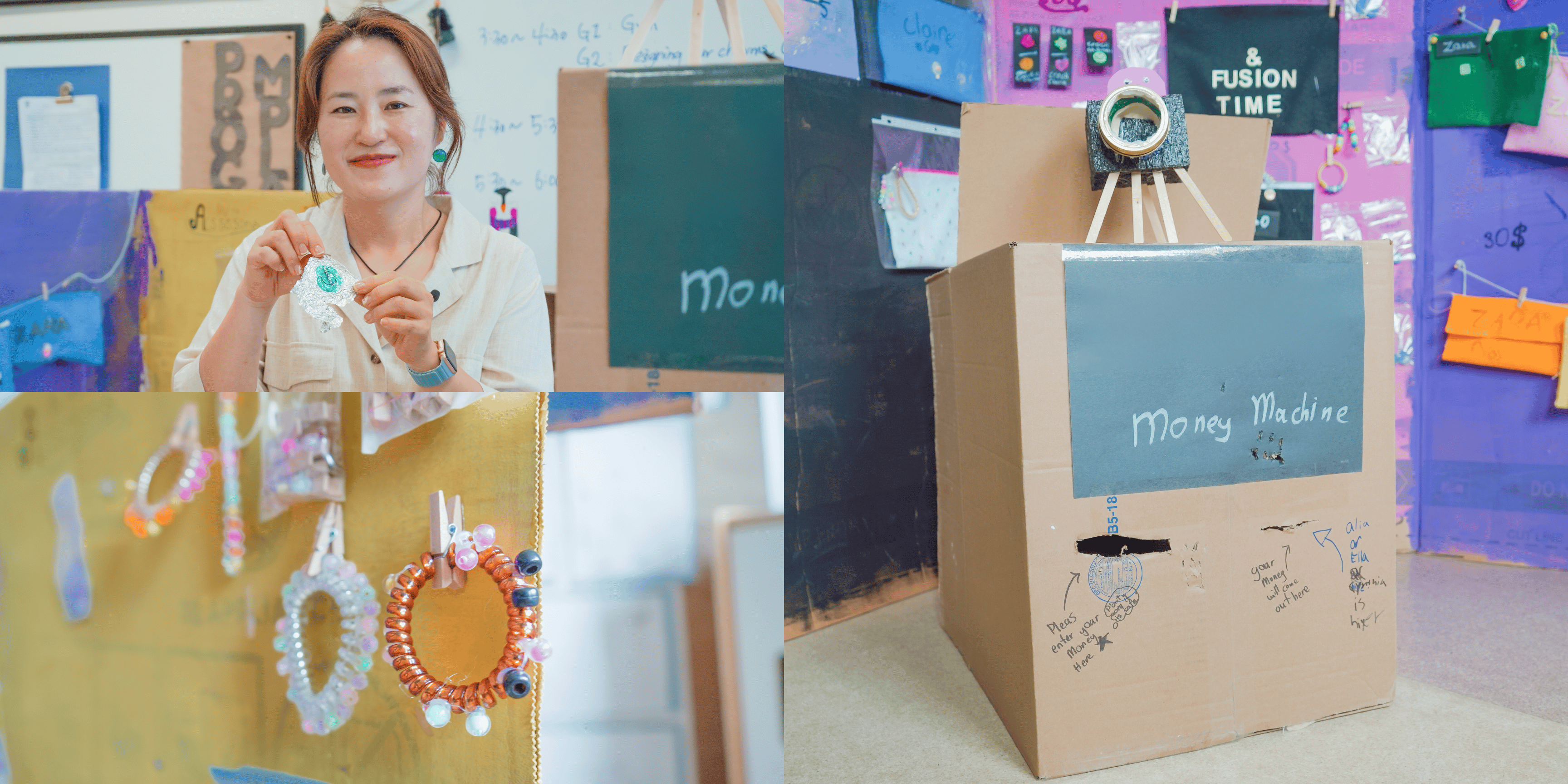 Jenny holds handmade jewelry displayed on foil paper, alongside a fashion store crafted from a three-fold cardboard box, complete with a money machine made from a large box and a camera constructed from wood and popsicle sticks. The display includes plastic jewelry attached with paperclips, croc charms, and felt bags.