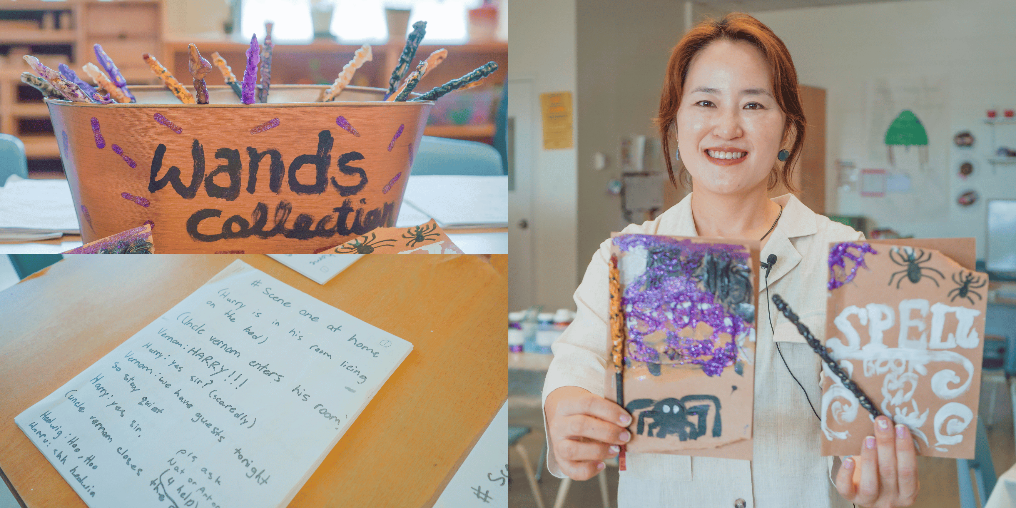 In a three-photo collage, Jenny holds two spell books next to a bin labeled "Wands Collection" filled with purple, black, and gold wands crafted by the children, alongside a handwritten script created by the students on a classroom desk.