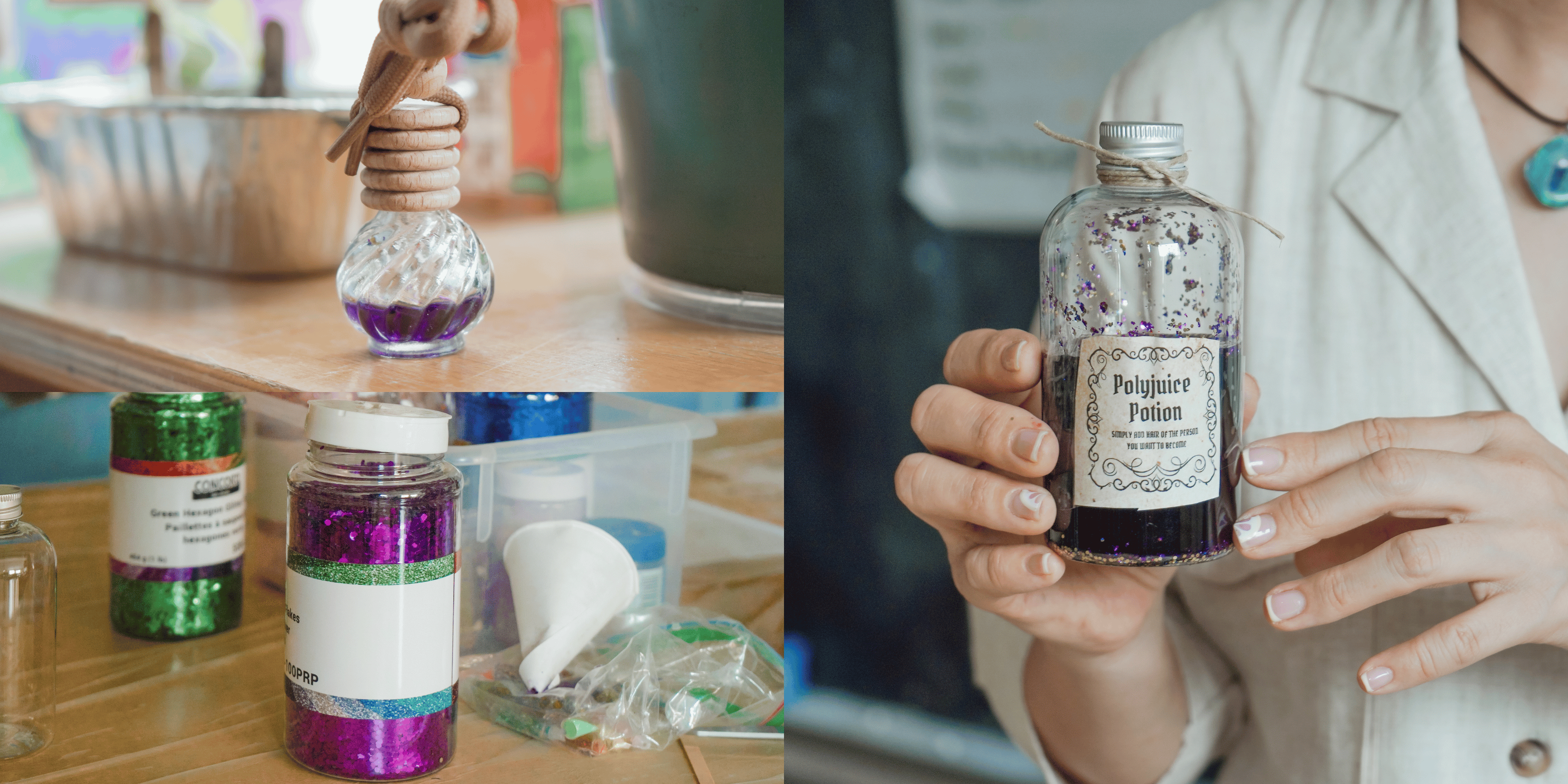 Jenny holds a purple glitter potion labeled "Polyjuice Potion," with three bottles of glitter in purple, green, and blue placed on the table.