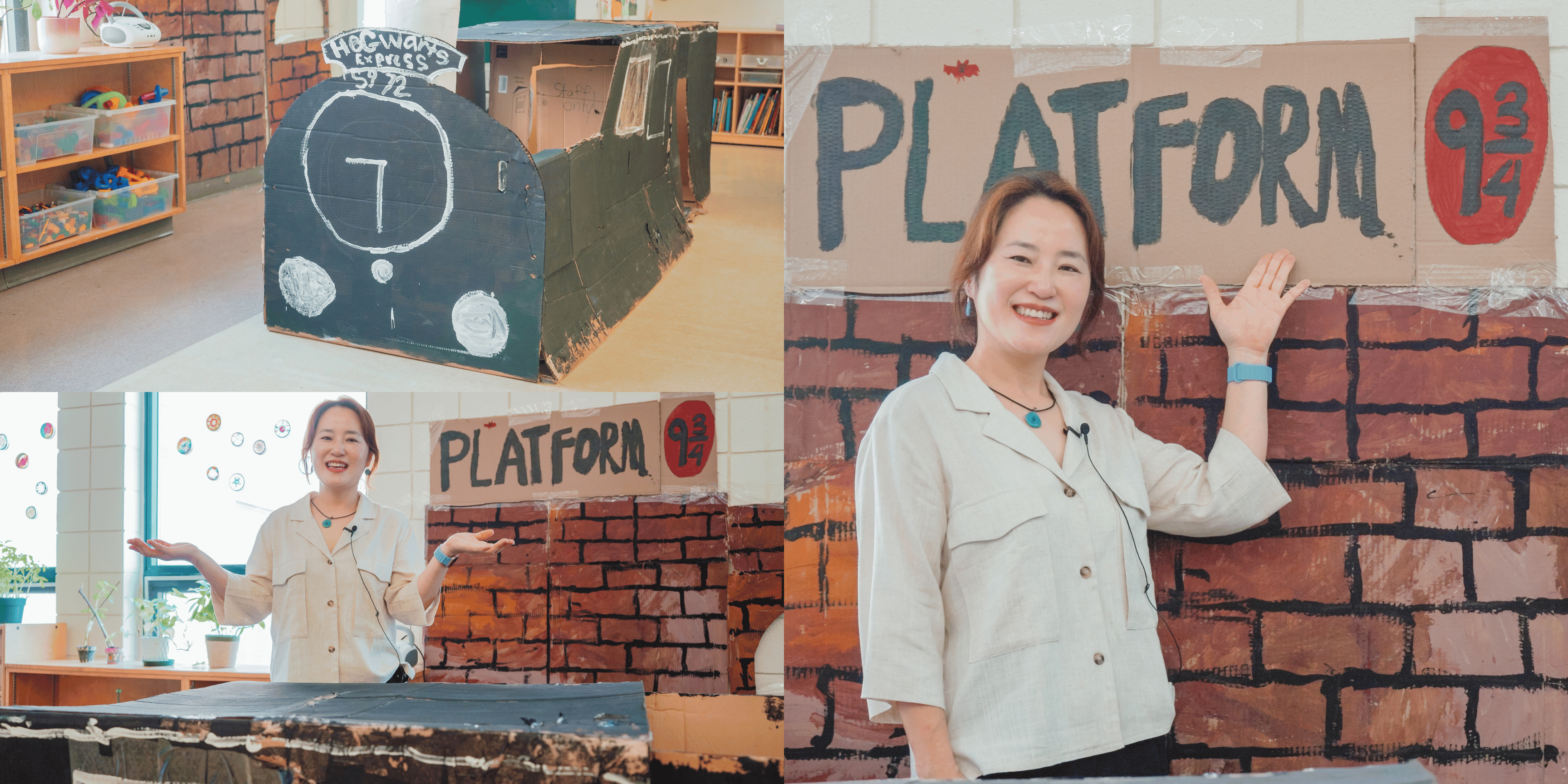 Jenny stands in front of the Hogwarts Express train made from cardboard boxes, painted black by the children.