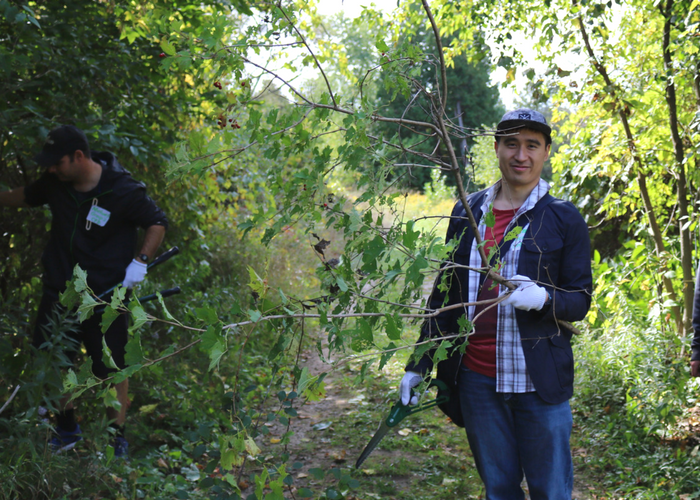 Timmy holds a branch he has just sawed off a tree leaning into a walking path